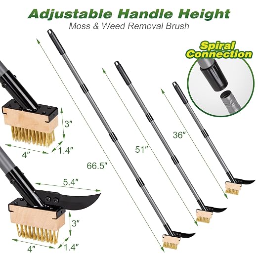 Walensee 66.5in Adjustable 3-in-1 Crack Weeder & Moss Remover Brush Tool | Adjustable Long Handle, 2 Replaceable Brush Heads & Scraper, Cleans Deck Patio Walkway Crevices, Efficient Moss & Weed Puller