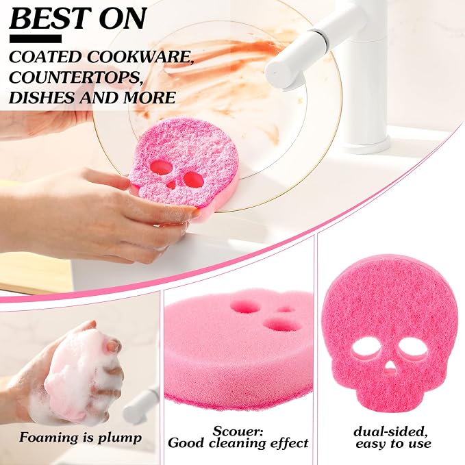 Tioncy 12 Pack Halloween Skull Kitchen Sponges, Black, White, Pink | Dual Sided Scrubber, Gothic Halloween Decor, Reuseble Non Scratch Dishwashing, for Cookware Pot Boiler Pan Household