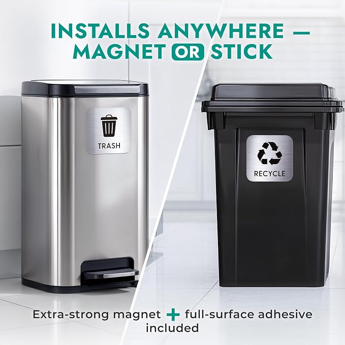 Large 6x6in Trash & Recycling Bin Labels – Magnetic and Adhesive Waste Sorting Signs – Clear Icons for Home, Office, Kitchen, School