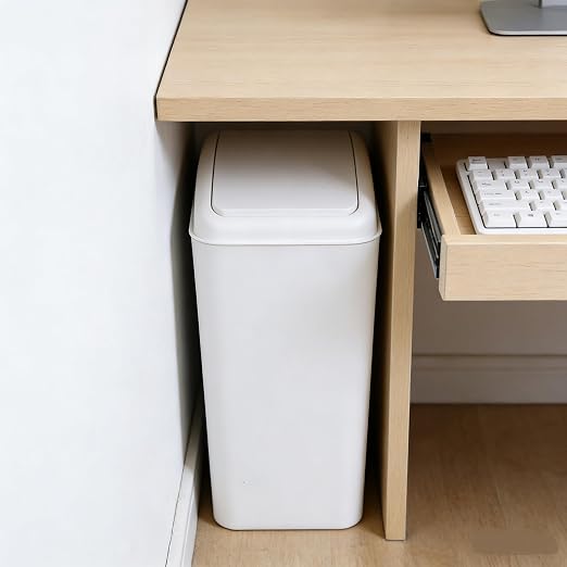 4.2 Gallon Swing Top Trash Can, Slim Plastic Wastebasket | Space-Saving Narrow Bin for Bathroom, Kitchen, Office, Easy Swing Lid, White, Lightweight and Easy to Clean