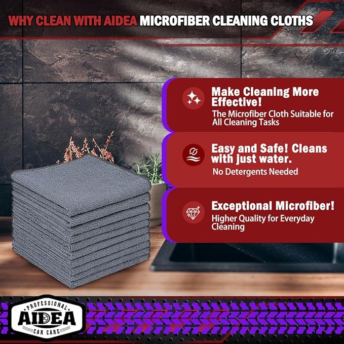 AIDEA Microfiber Cleaning Cloth Grey, 400PK, Microfiber Towels 12×12" | Shop Towels Cleaning Rags, Premium Wash Cloths, Absorbent Towel for SUVs, House, Kitchen, Commercial, Cleaning Supplies