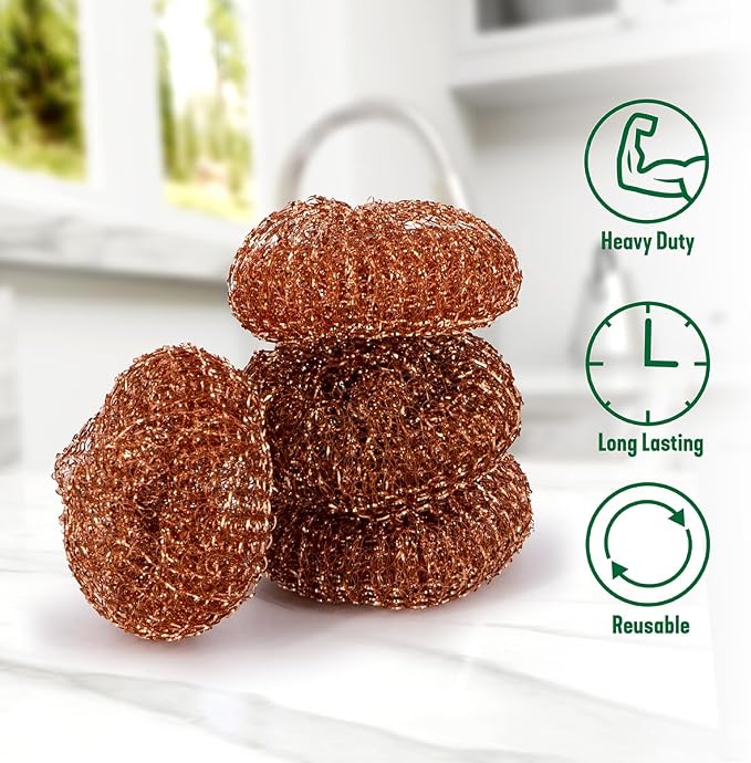 Pine-Sol Heavy-Duty Copper Coated Scrubbers - Premium Scrub Sponges for Cast Iron Pans, Stainless Steel Cookware, Oven Racks, and Grills, 4 Pack
