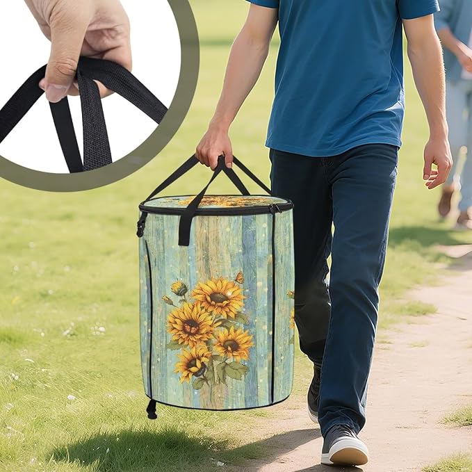 Vintage Sunflower Print 24 Gallon Large Capacity Collapsible Trash Can with Lid and Handles Camping Waster Bag Garden Leaf Bin Laundry Hamper Childrens Toy Bin