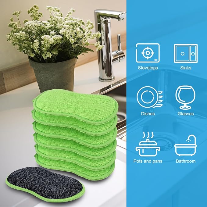 HOMEXCEL Dish Sponge 12 PK, Microfiber Kitchen Sponges for Cleaning, Green | Non Scratch Microfiber Sponges for Washing Dishes, Double-Sided Scrub Sponge for Pots, Pans, Glass