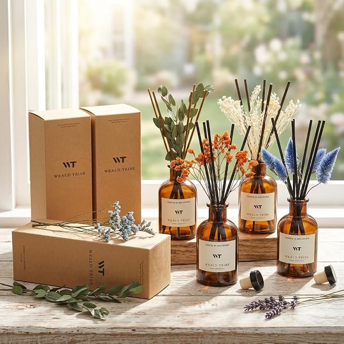 Eucalyptus & Mint Scent Reed Diffuser Set for Bathroom Room Decor | Air Fresheners Oil Diffuser Sticks With Flower | 4.0 fl oz Home Fragrance With Sticks Defusers For House Bedroom Office Shelf