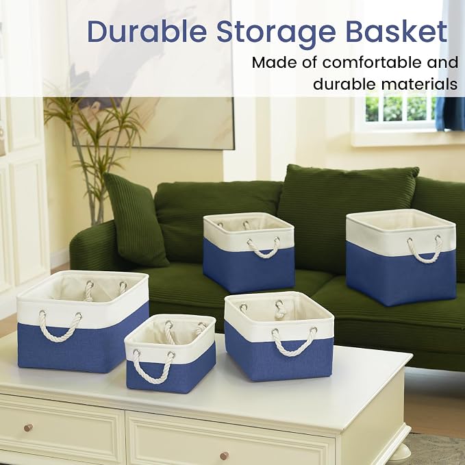 15x11x10 In Foldable Fabric Large Storage Bins with Handle 6 Pack | Organizer Baskets, Sturdy Metal Strand, Cardboard Support Molding, Storage Baskets for Shelves, Closet, Bedroom, White/Blue