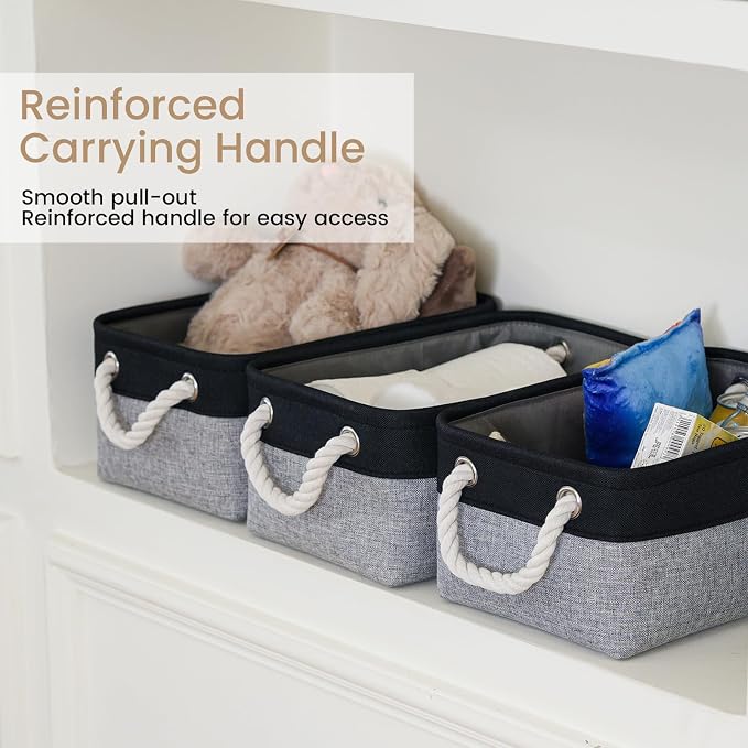 11.8x7.9x5.2 Inch Fabric Small Storage Bins with Handles 3 Pack | Foldable Storage Basket, Sturdy Metal Strand, Cardboard Support Molding, Small Baskets for Organizing, Shelves, Black/Gray