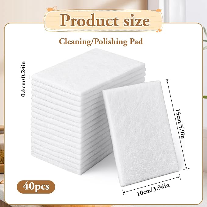40 PCS White Non Woven Pads, Light Duty Scouring Pad, Abrasive Surface Scrubber, Non Scratch Scrubbing Pad, Multi Scouring Sponge for Home Workshop Cleaning Polishing(4 x 6 Inch)