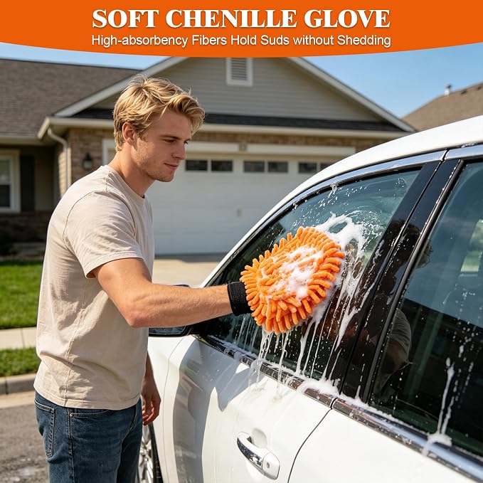 12FT Car Wash Brush with Long Handle, RV Wash Brush with Soft Chenille Microfiber Mop, Mitt and Windows Squeegee, Extendable Cleaning Kit for Truck, Boat or House Siding Ceiling, 5Pack