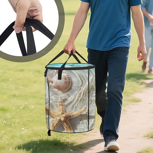 doginthehole Seaside Starfish Shells Trash Cans for Bathroom with Lid Decorative Collapsible Garbage Can Bags Waterproof Lightweight Outdoor Waste Bin for RV's Camping Picnic Beach Easy to Storage