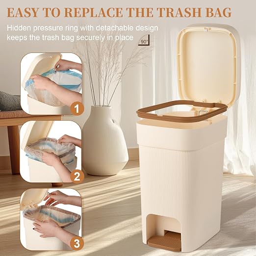 Small Bathroom Trash Can with Lid Slim Step Garbage Can 4 Gallon Cream | Stylish Decor Soft Close Trash Bin Plastic Wastebasket with Trash Bags for Kitchen Bedroom Office Living Room Toilet College