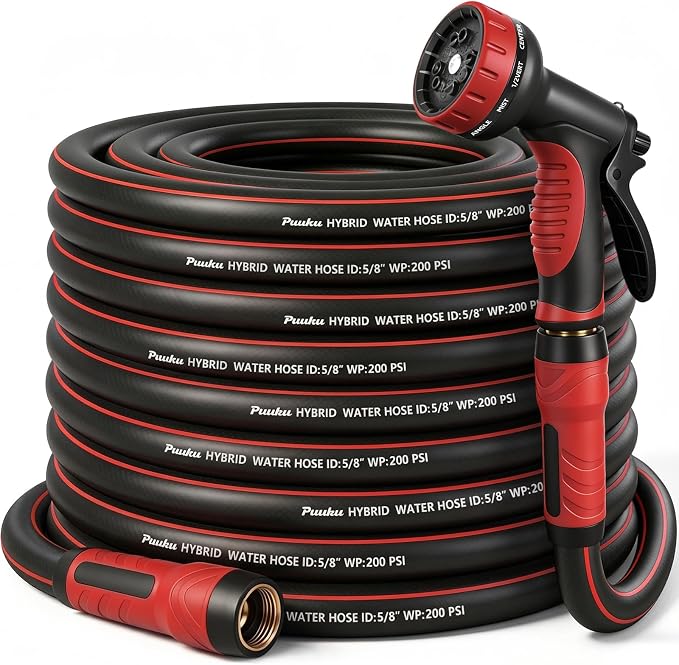 Garden Hose 50ft x 5/8", NON-EXPANDABLE Heavy Duty Hose with Nozzle | 10 Function Spray Nozzle, No Kink, Leakproof, Lightweight Hybrid Hose with Swivel Handle, Male to Female Fittings