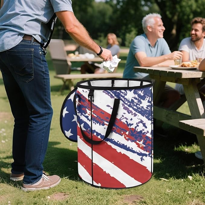24 Gallon Reusable Yard Waster Bag Garden Leaf Bin Collapsible Camping Trash Container Stand-up Waster Bin with Lid and Handles Patriotic American Flag Print