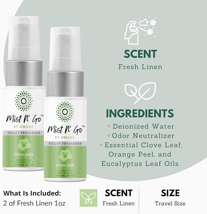 Mist N' Go by Omaze Travel Bathroom Spray - Toilet Odor Eliminator & Air Freshener - Fresh Linen (1oz x2)