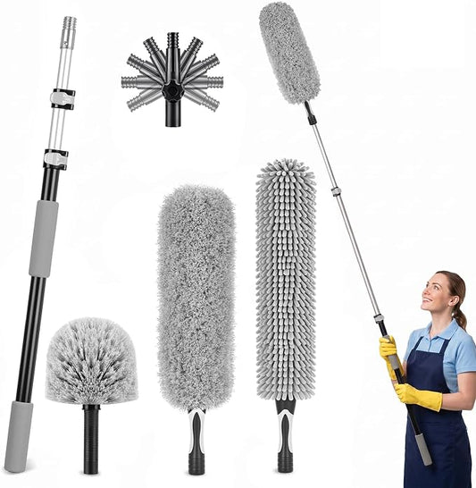 IDEATECH Cobweb Duster Kit with Extension Pole, 110-Inch Reach High Ceiling Fan Duster, Spider Web Brush with Telescoping Pole, Bendable Microfiber Duster for Wall Edges, Corners & Hard-to-Reach Areas