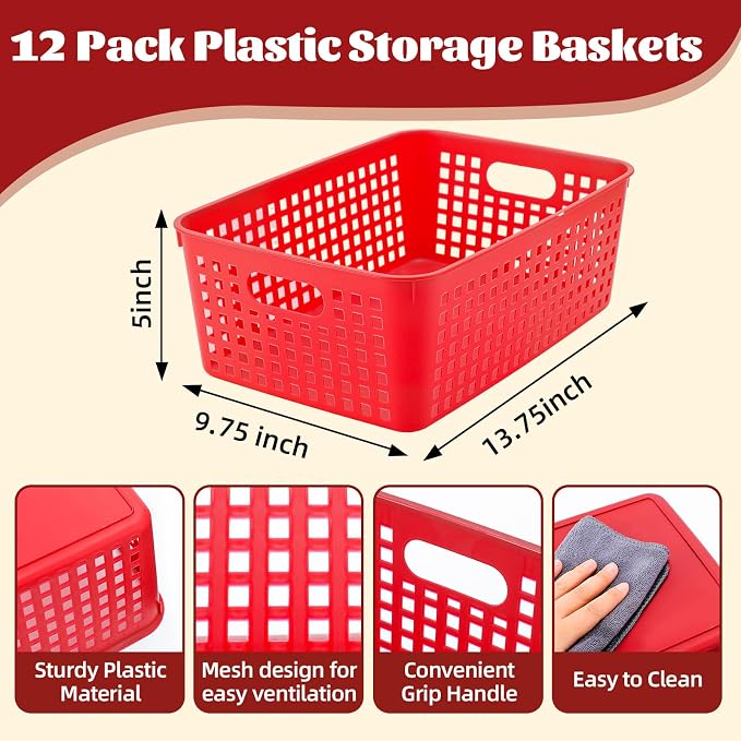 Lineshading 12 Pack Plastic Storage Baskets for Organizing, Red | 13 x 10'' Large Plastic Storage Baskets Bins with Grip Handles, Stackable Mesh for Cabinets, Desktops, Shelves, Home & Office
