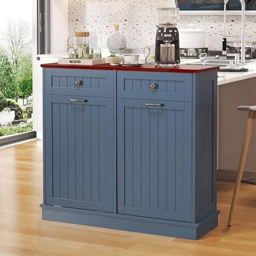 LOUVIXA Tilt Out Trash Can Cabinet with Double Hidden Trash Bin Holder, Kitchen Free Standing Recycling Cabinet,Dog Proof Trash Can,Wood, Blue