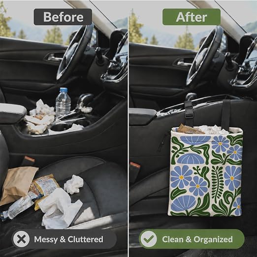 Boho Abstract Flower Car Garbage Bag Canvas Trash Can | Rustic Blue Floral Drawstring Car Trash Bag Hanging for Back Seat with Adjustable Buckle