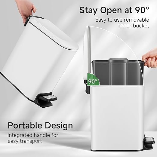 TIPGO Small Bathroom Trash Can with Lid, 1.6 Gal, Soft Close, White | Stainless Steel, 5.9'' Slim for Narrow Space, Foot Pedal, Soft Quiet Lid, Anti-fingerprint, Removable Inner Bucket, Odor Seal