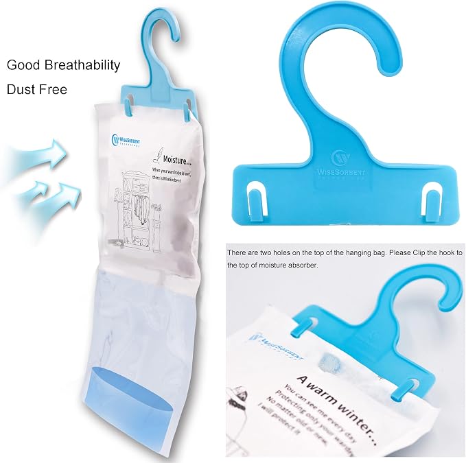 Wisesorb 12 Pack Moisture Absorbers Packets, 7 oz Hanging Closet Dehumidifier Bags, Hanging Humidity Absorber for Closet, Bedrooms, Bathrooms