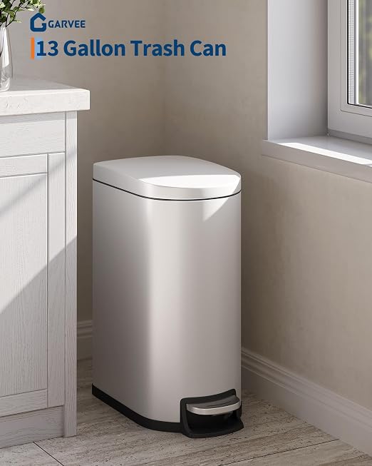 GarveeHome 13 Gal / 50 L Stainless Steel Kitchen Trash Can with Lid, Slim Step-On Garbage Bin, Large Rustproof Metal Trash Can with Soft Close, Inner Bucket & Rear Handle, Creamy White