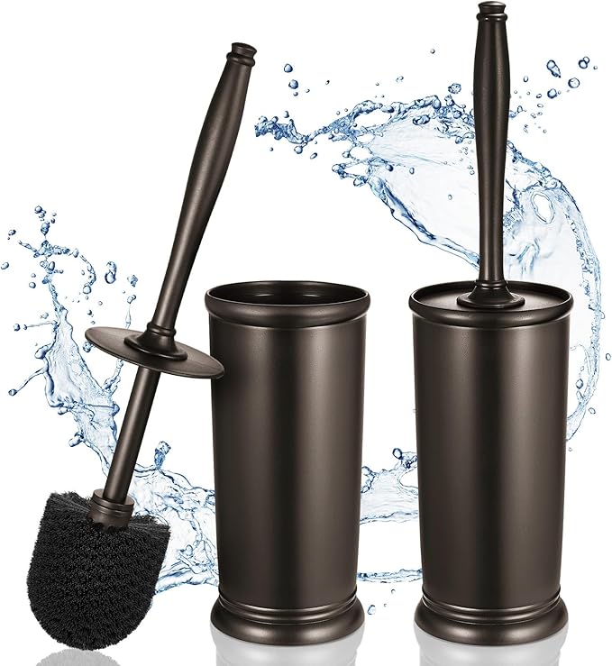 HAMITOR Toilet Bowl Brush Holder Set: 2 Pack Modern Deep Cleaning Bathroom Toilet Scrubber with Caddy for rv - Rim Decorative Accessories Cleaner Brushes for Toilet - Bronze1