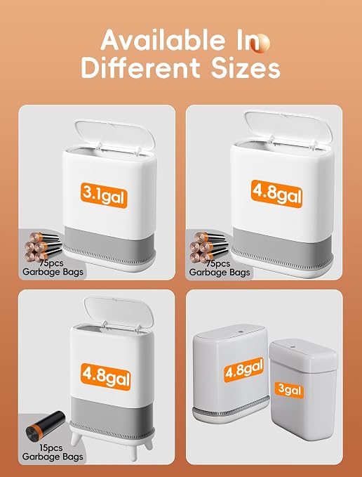 Dog Proof Small Bathroom Trash Can with Lid, Slim Press Top Garbage Can, Narrow White Plastic Waste Basket, for Bathroom Bedroom Office 4.8 Gal with 5 Rolls 75 Trash Bags