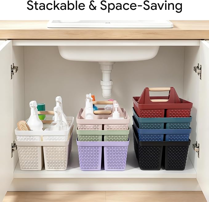 Portable Plastic Shower Caddy Basket with Wooden Handle, Bluish Green | Divided Storage Organizer Tote for Bathroom, Dorm, College, Kitchen & RV – Lightweight, Easy-Carry Essentials Caddy