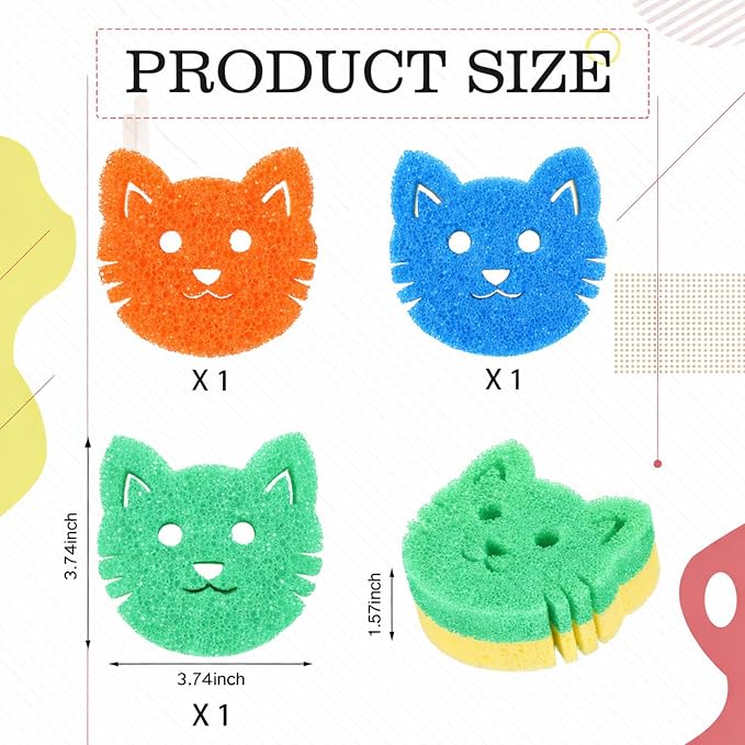 FillTouch Cat 3 Pcs Scrub Sponge, Green, Orange, Blue | Dual Sided Scrub Sponge, Non Scratch Temperature Color Sensitive, Soft Scrubbing for Kitchen Bathroom, Mommy Daddy