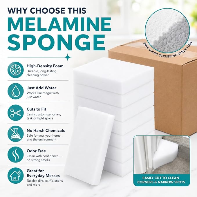 100 Pack Melamine Foam Magic Eraser Sponges for Multi - Surface Use | High-Density Melamine Foam Extra Durable Resists Crumbling WALLS · SHOES · KITCHEN Powerful Cleaning with Just Water