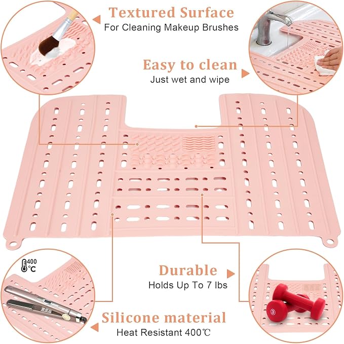 Bathroom Sink Cover for Counter Space, Foldable Silicone Makeup Mat with Hanging Loop Heat-Resistant Sink Cover for Makeup, 22 * 17" Space Saver Sink Organizer Mat for Bathroom, Pink
