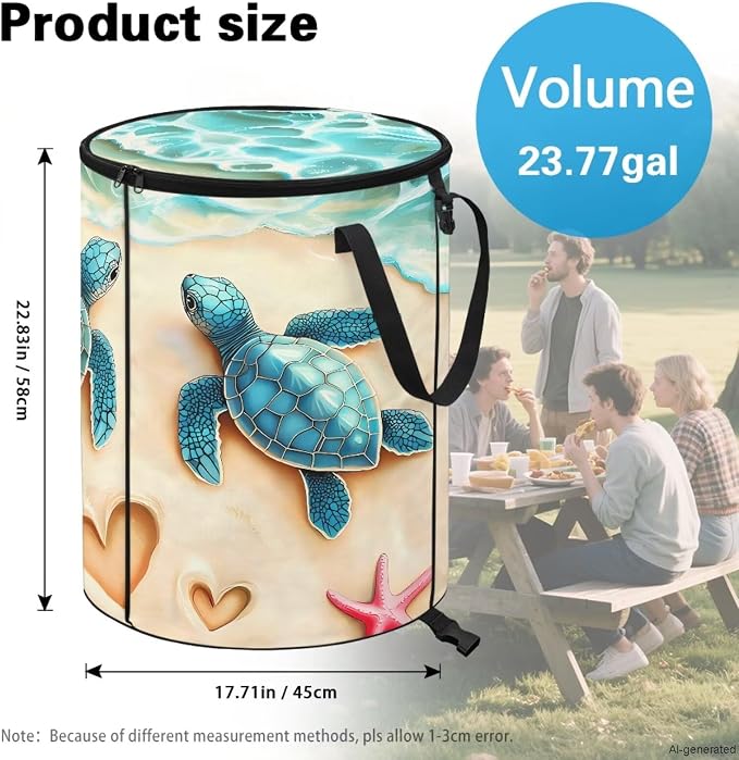 Beach Turtle Collapsible Recycling Bin 24Gal - Compost Waste Container w/Sorting Clips & Lid | Waterproof Pop-Up Design for Lawn, Camping, Yard Waste Gifts for Outdoor Workers