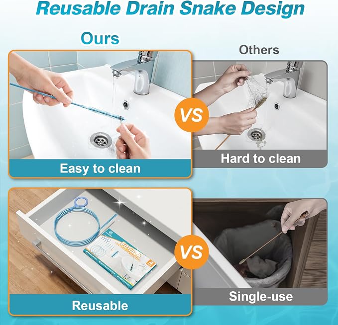 4 Pack 50 Inch Drain Snake Hair Drain Clog Remover Tool for Bathroom Sink | Reusable Brush, 50-Inch Break-Resistant Steel Wire Rope with Nylon Coating, 0.27-inch wand for Shower Drain Cleaning