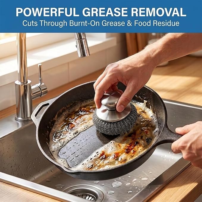 Steel Wool Scrubber with Handle & 5 Refills, 8-Piece Cast Iron Scrubber Kit with 2 Pan Scrapers, Heavy Duty Stainless Steel Scrubber for Kitchen Sink, Grill, Griddle, and Pots