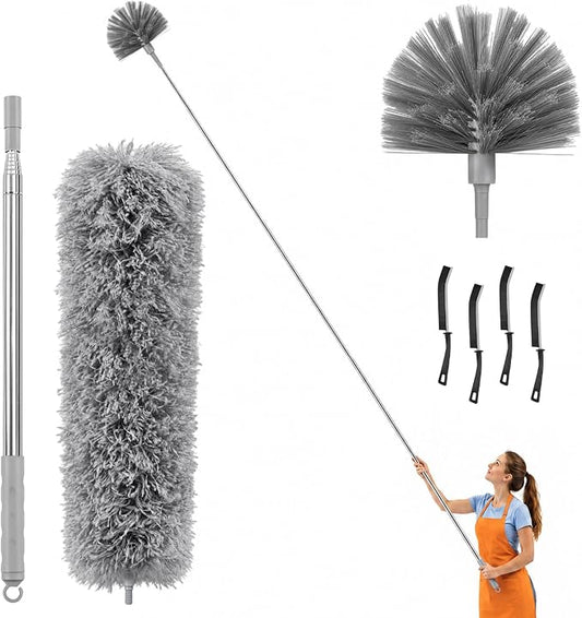 7-Piece Duster with Extension Pole, Cobweb Duster for High Ceiling | Spider web brush and gap cleaner for homes, apartments, fans, blinds, walls, furniture, cars and under appliances