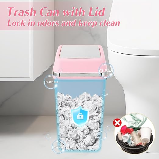 Bathroom Trash Can with Lid 4 Gallon Pink Trash Can with Swing Lid Bedroom Trash Can Small Garbage Can with 150 Counts Trash Bags for Bathroom Bedroom Office Restroom Dorm