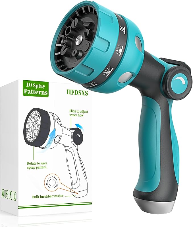 Garden Hose Nozzle Heavy Duty, Water Hose Sprayer Nozzle for Outdoor | THUMB CONTROL On Off Valve for Easy Water Control, 10 Spray Patterns - Water Hose Nozzle Head Attachment