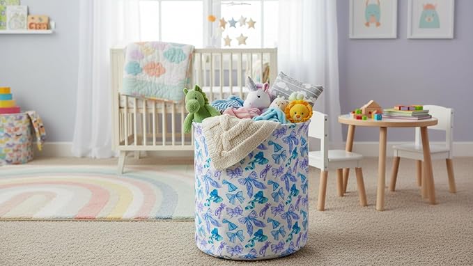 Collapsible Round Storage Basket, Soft-Sided Organizer with Waterproof Coating, Foldable Bin for Clothes,Laundry Basket, Nursery Hamper, Gift Baskets(Blue Bright Bowknot)