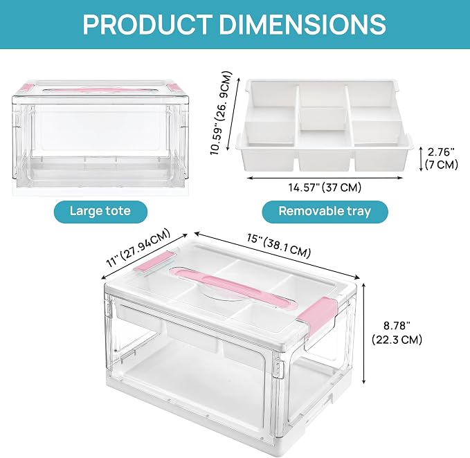 Vtopmart 24 QT Clear Craft Organizer with Removable Tray & Dividers,Pink,1 Pack | Storage Box for Coloring Books, Modeling Clay, Molds and Art Supplies, Removable Tray for Craft Supplies Organization