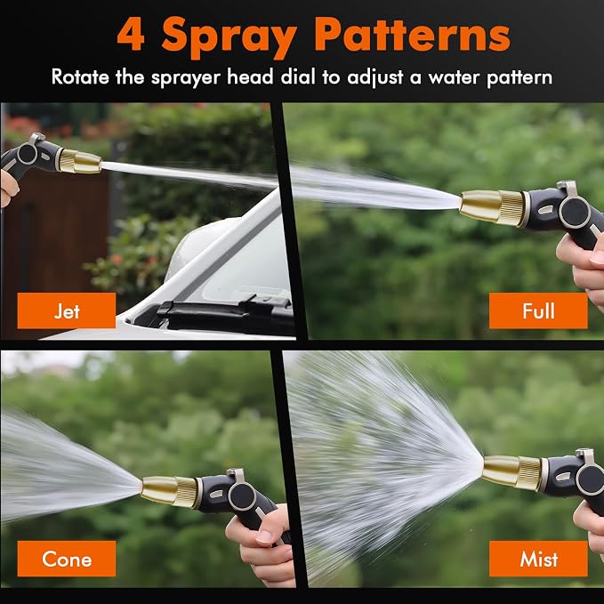 RESTMO Garden Hose Nozzle, Heavy Duty Water Hose Sprayer Nozzle, Black | Brass Head, Thumb Control, Adjustable 4 Spray Patterns, Leak-proof, Metal Hose Nozzle for Outdoor Lawn & Plant & Car