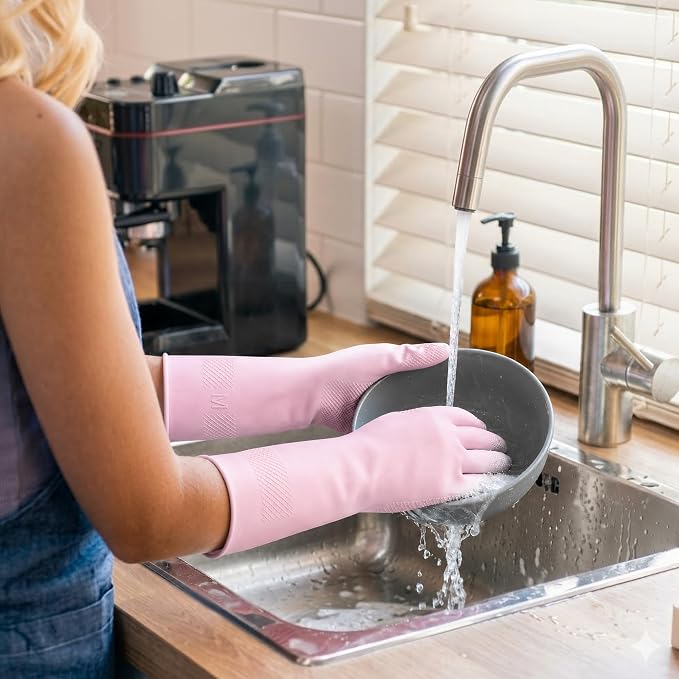 Cleaning Rubber Gloves, Waterproof Non-Slip Long Cuff Dishwashing Household Kitchen Gloves