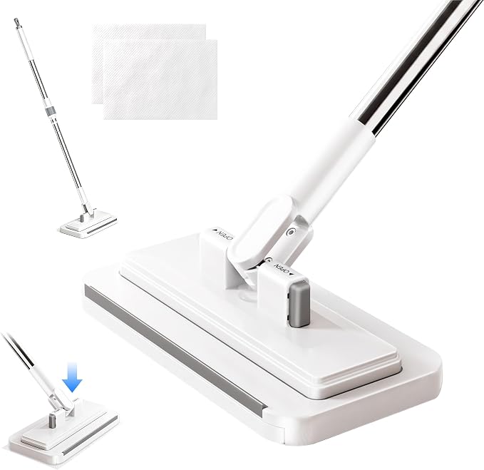 53.2 in Handle, 360° Swivel Floor Mop with 2 Reusable Cloths | Hands Free Flat Mop, Baseboard Cleaning Tool for Hardwood, Tile, Marble & Laminate Floors, Home, Kitchen Cleaning Essentials