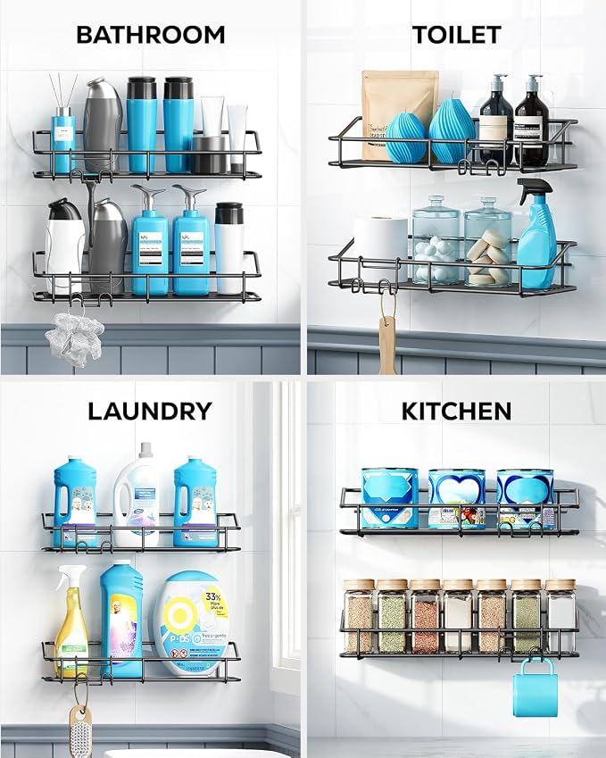 Nieifi Shower Caddy Adhesive, Shower Shelves, Shampoo Holder for Bathroom | Stainless steel, 3 pack, shower rack, shower organization, with hooks, rustproof, no drilling, razor holder, black