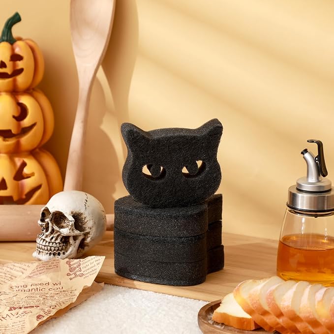 Tioncy 12 Pack Halloween Black Cat Kitchen Sponges | Dual Sided Scrubber, Gothic Halloween Decor, Reusable Non Scratch Dishwashing, for Cookware Pot Boiler Pan Household