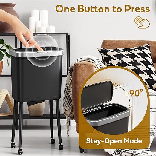 Procade Kitchen Garbage Can with Legs and Wheels,Narrow Rolling Trash Can | 4 Gallon Tall Skinny Wastebasket with Pop-Up Lid,Dog Proof Trash Bin,Black Plastic Garbage Bin for Near Desk,Bathroom,Bedroom