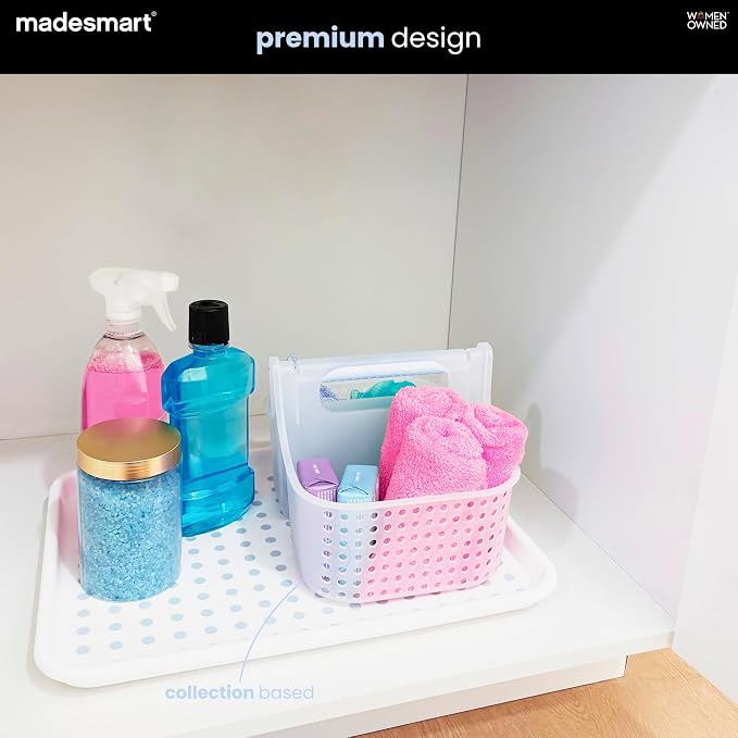 madesmart Shower Tote with Soft Grip Handle, Blue | silicone handle, ventilated sides, portable carry, shampoo soap razors, dorm bathroom, woman owned