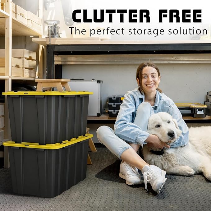 4 PACK of 17 Gallon Large Black & Yellow Storage Bins | Plastic Tote Organizing Container with Secure Latching Lids, Stackable, Extra Strength with Built in Handle | 24.5" x 16.5" x 13.5"