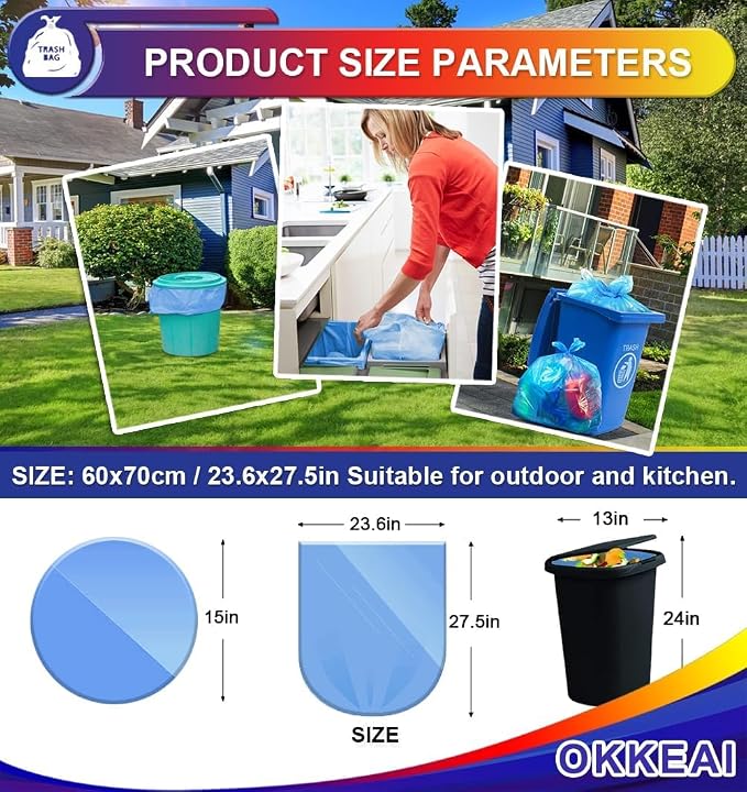 OKKEAI 8 Gallon Kitchen Trash Bags, 30L Blue Garbage Bags, 60 Count | Strong and Tear-Resistant Trash Bags for Kitchen Bins, Fits Most 7-10 Gallon Cans