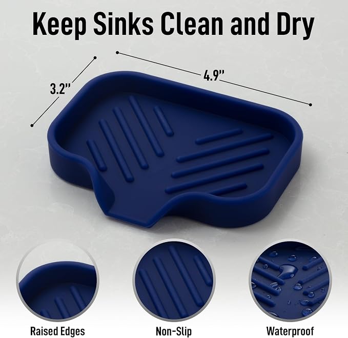 Zulay Kitchen Small Silicone Sponge Holder (4.9x3.3”) – Space-Saving Sink Organizer Tray for Sponge, Soap, Brush & More – Compact Non-Slip Dish for Kitchen & Bathroom (Dark Blue)