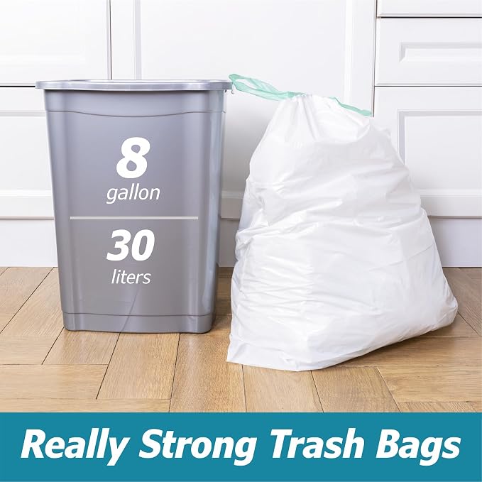 8 Gallon Drawstring Garbage Bags 0.8 Mil Ultra Strong Medium Kitchen Trash Bags Medium Plastic Bags - Individual, Unscented, White, 23"x27", 50 Count